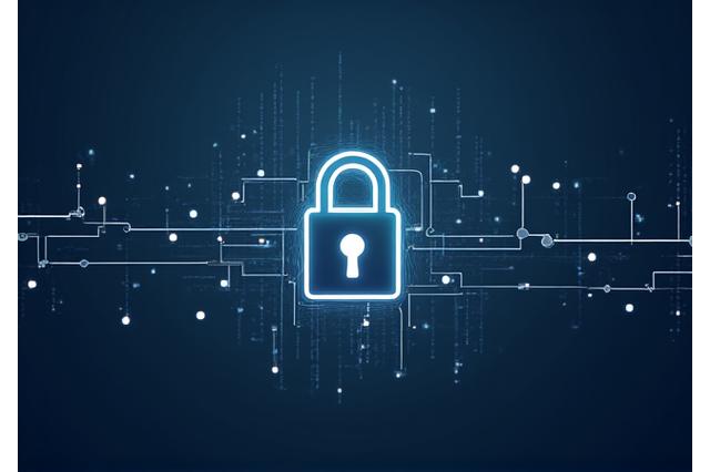 Imagen conceptual representando protección de datos e ideas con un candado y símbolos cibernéticos.